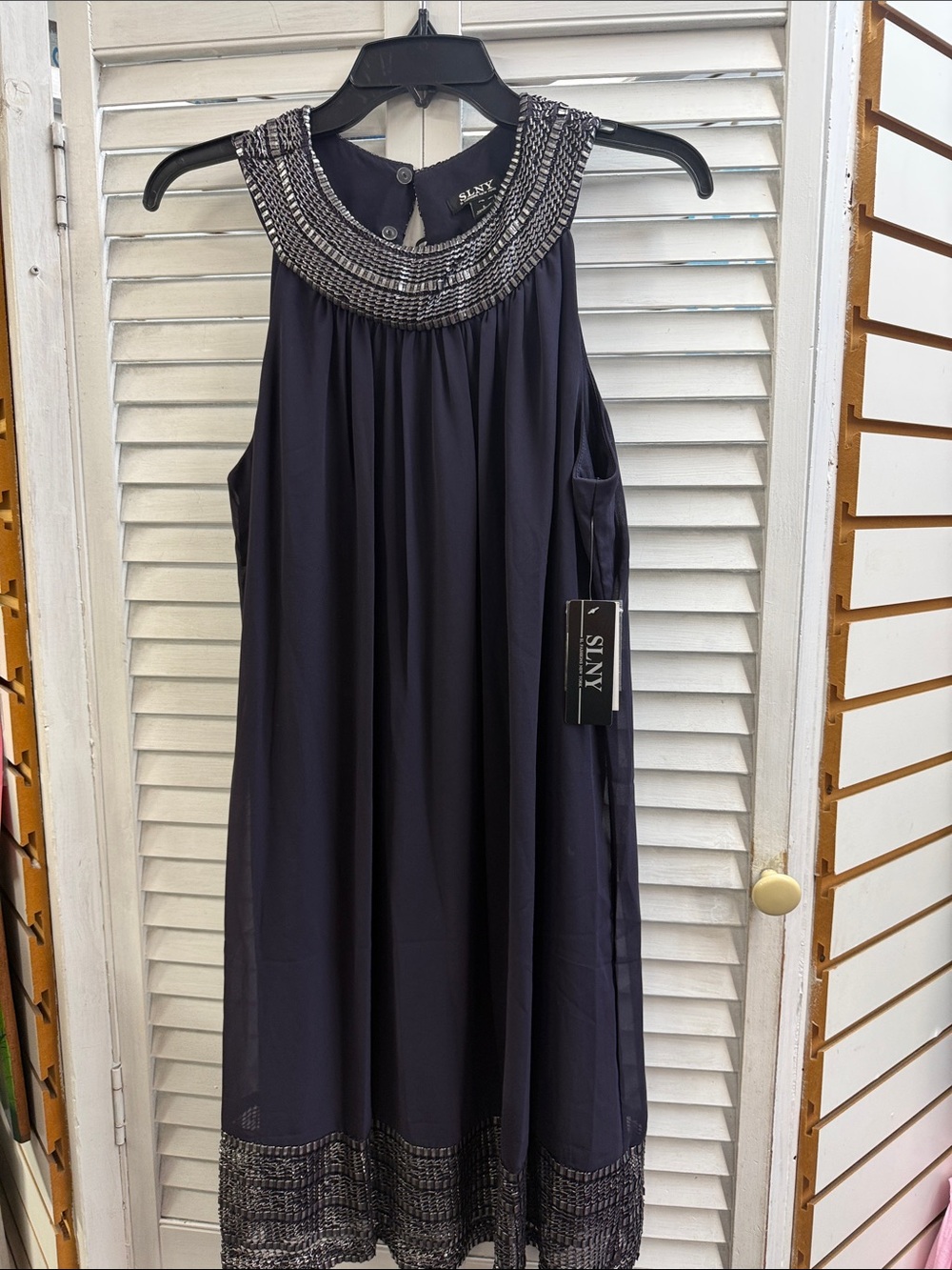 SLNY Navy Beaded Halter Midi Dress